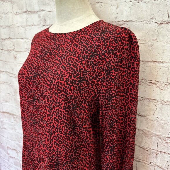LOFT Womens Midi Dress Size 4 Red Animal Print Cheetah Long Sleeve Side Slit NEW - Picture 7 of 11